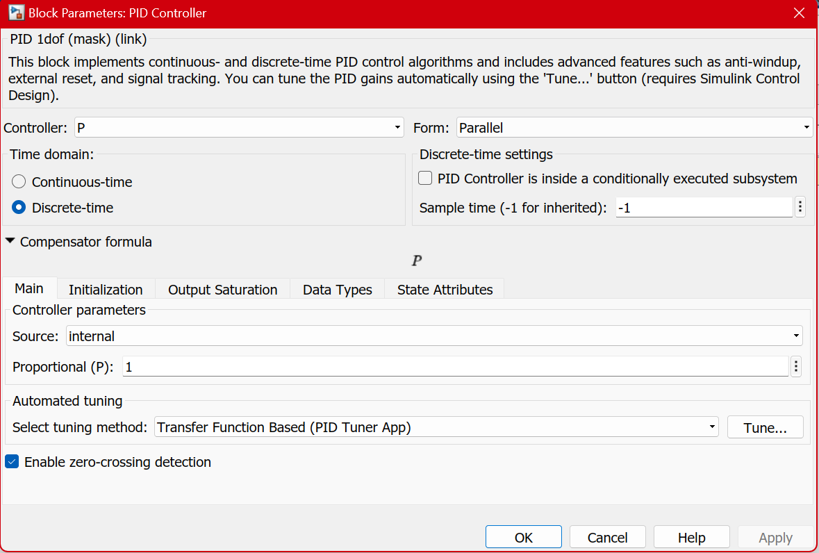 PID controller constants block parameters
